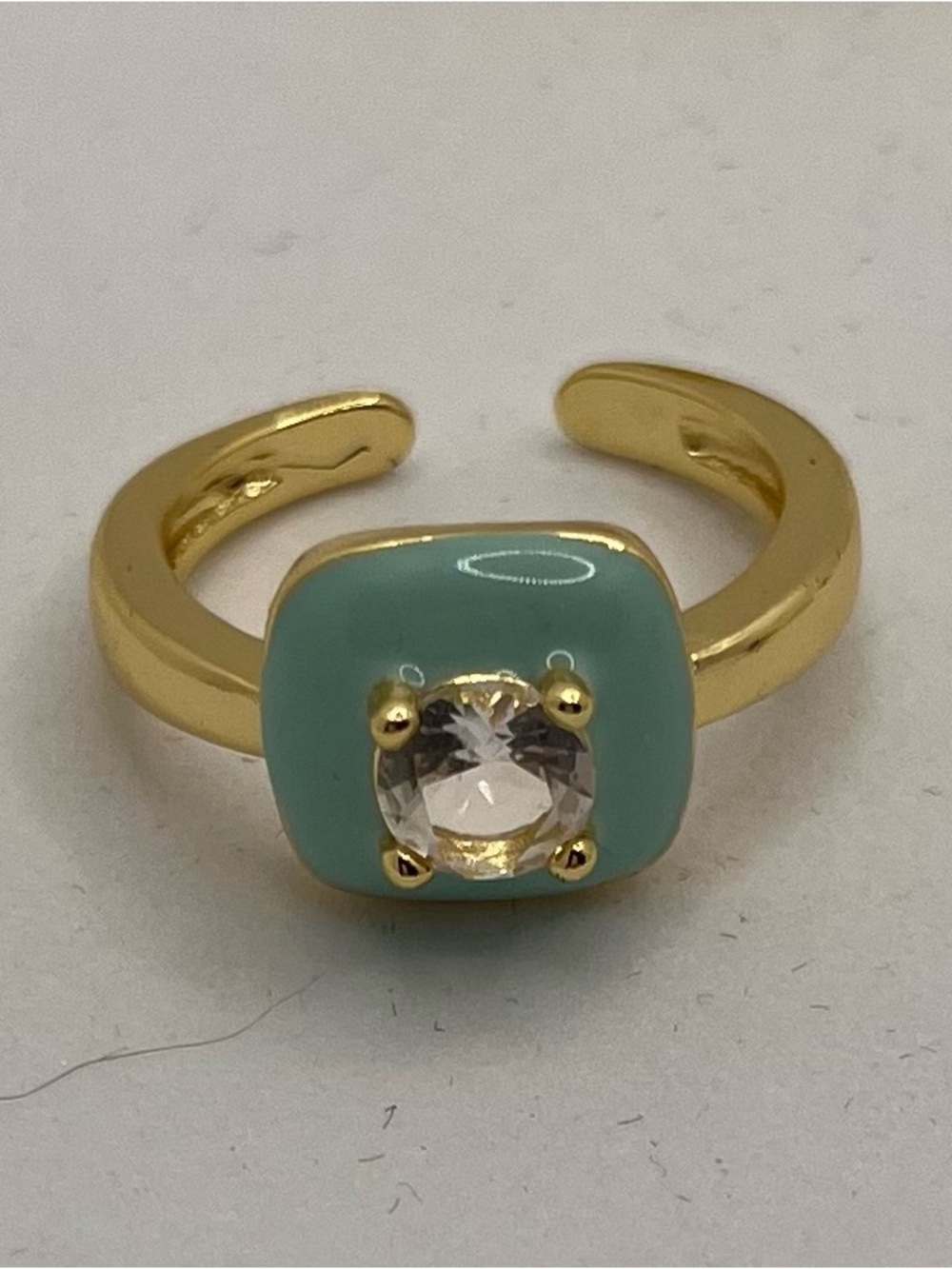 Gold-Tone Ring with Pale Aqua Enamel and Clear Stone - Women's Jewelry